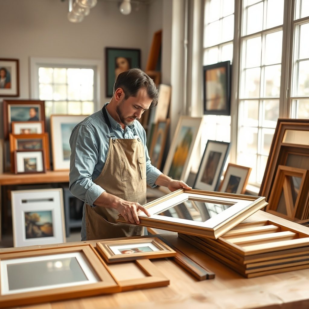 Artframe workshop showcasing frame profiles and mounts.