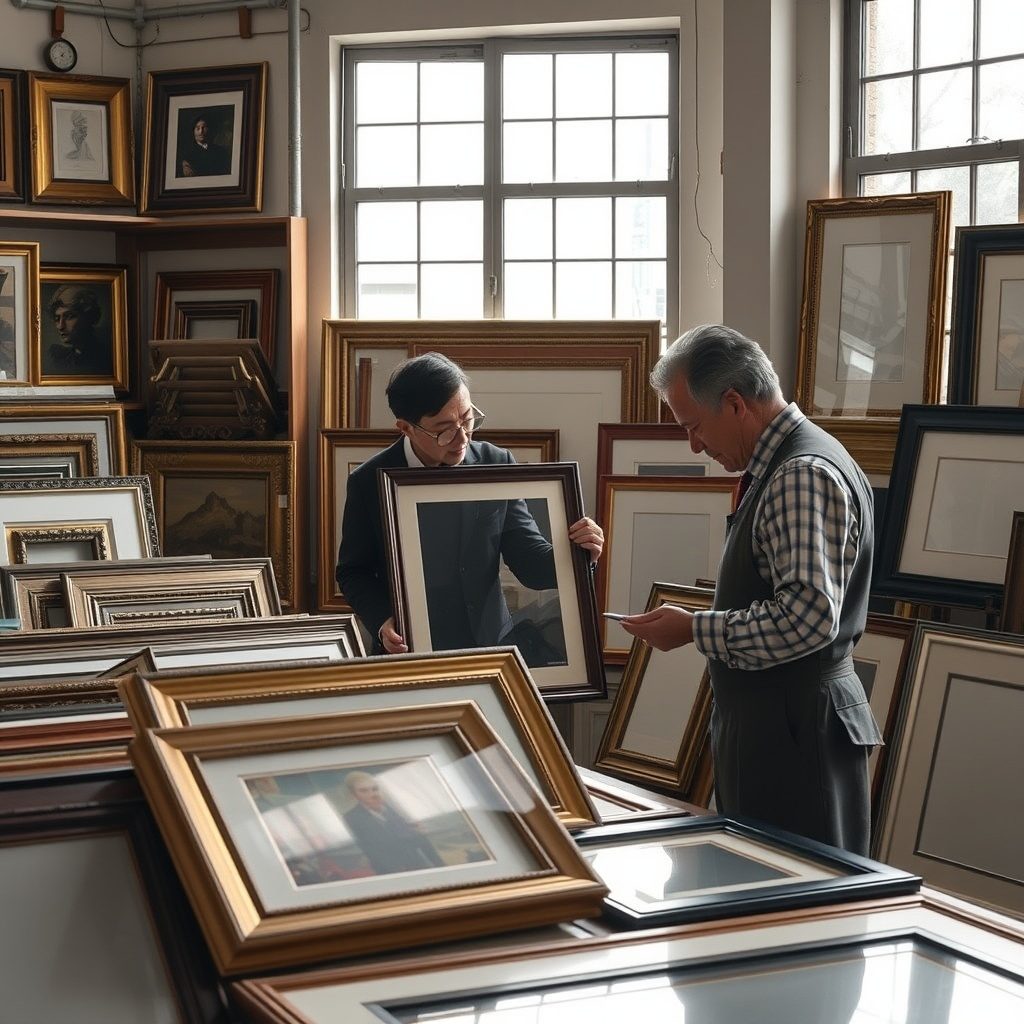 Art framing workshop showcasing various frame profiles.